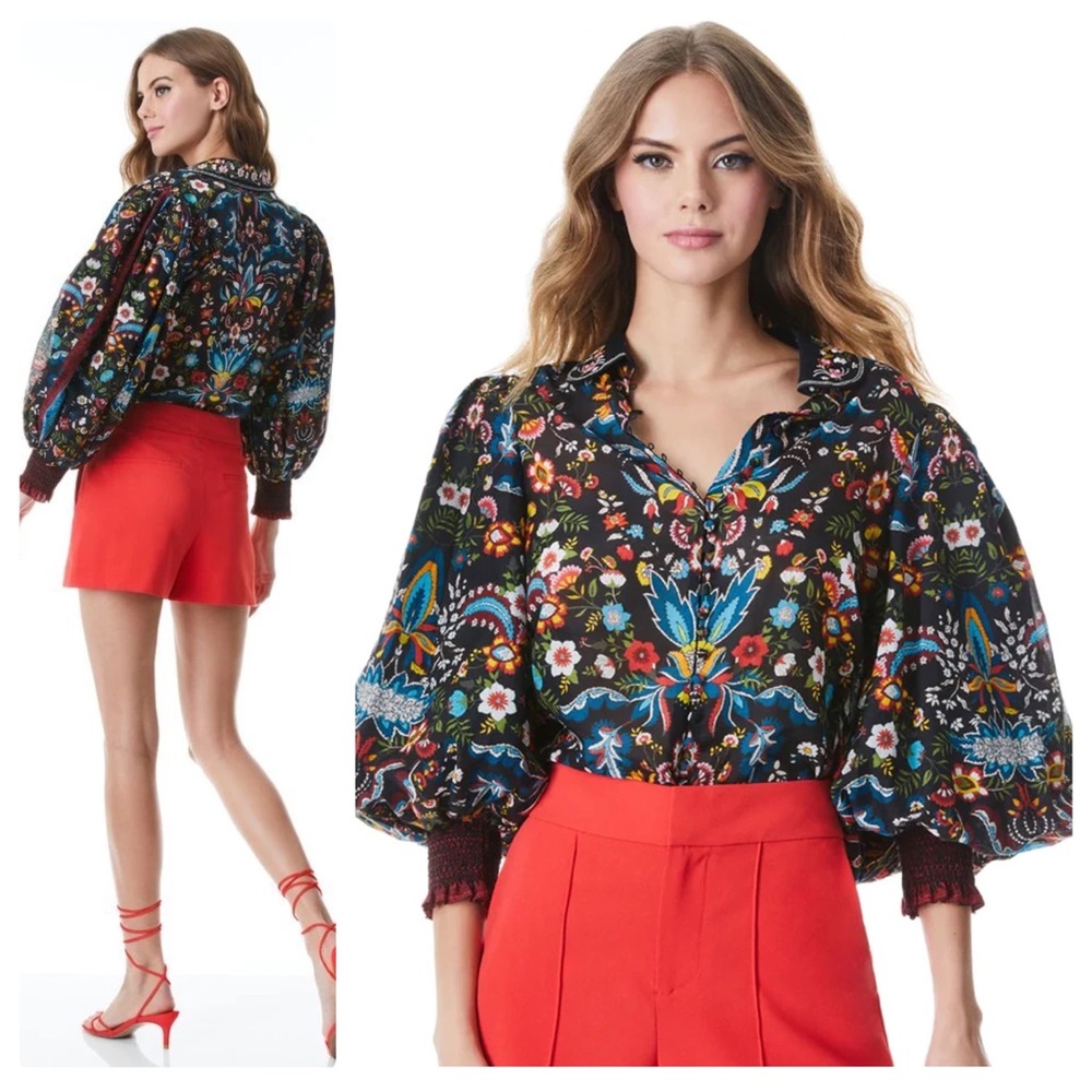 ALICE + OLIVIA April Embroidered Floral Blouse